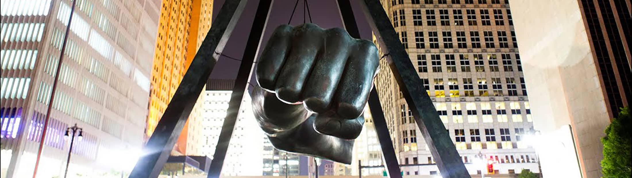 Image of monument to Joe Louis located in Detroit adjacent to Cobo Center