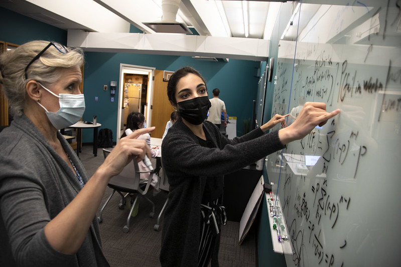 Amy Cohn points at a white board while working through an equation with a student