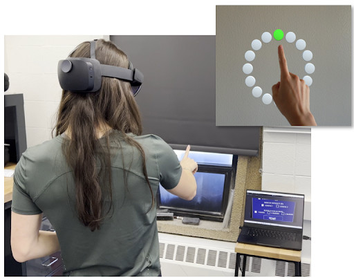 A woman facing away wearing augmented reality glasses extends her hand while pointing with her index finger. An overlaid image shows what the woman sees through the glasses, 16 circular targets arranged in an equidistant circular array with the top target highlighted in green.