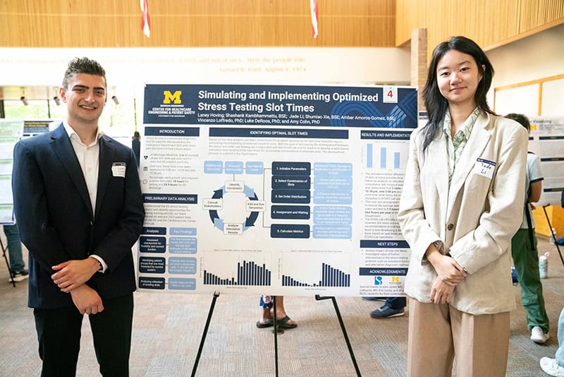 Two people stand on each side of a research poster titled "Simulating and Implementing Optimized Stress Testing Slot Times"