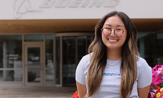 Woman in Boeing tshirt