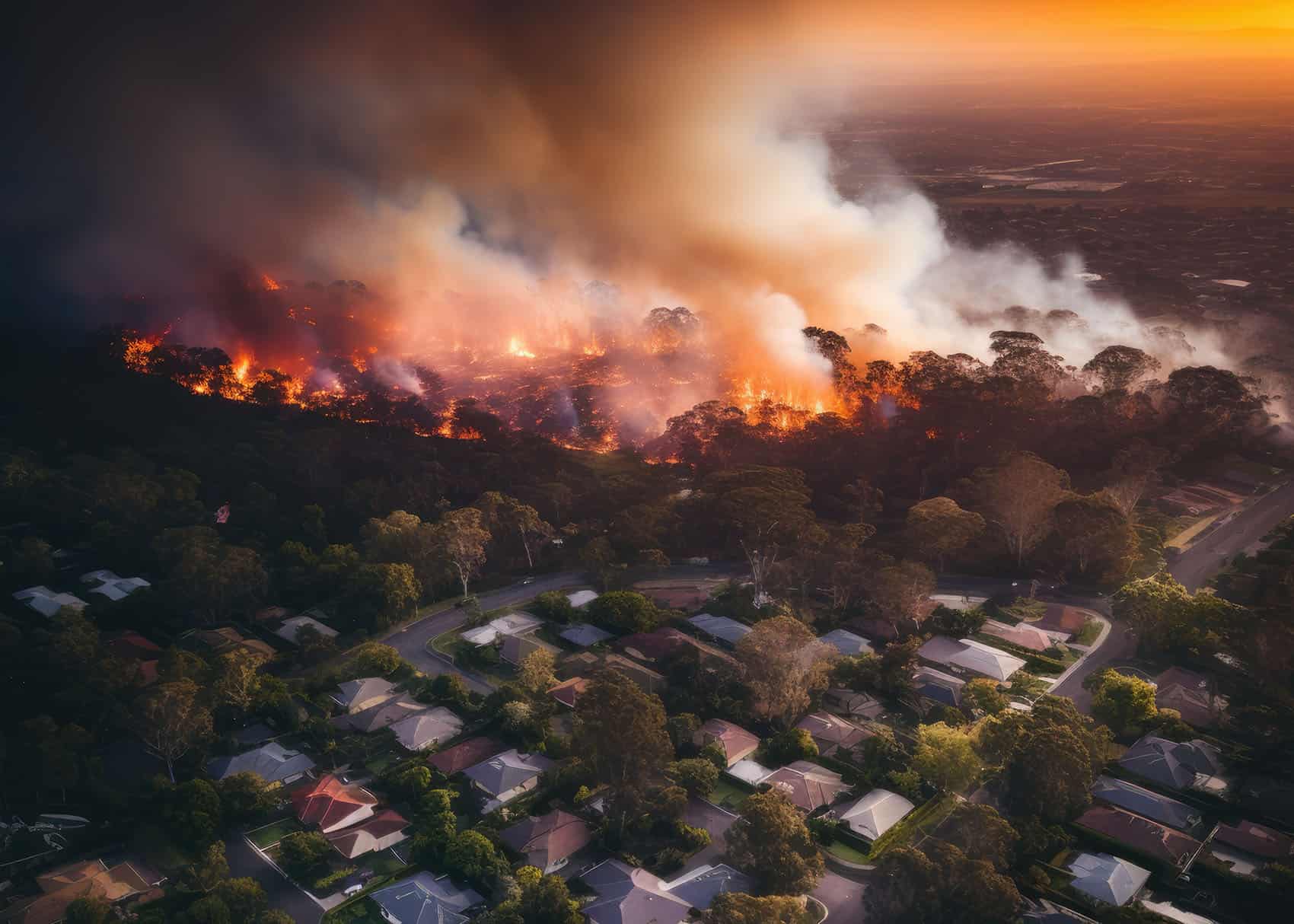 Wildfire approaches neighborhood. Image is AI generated.